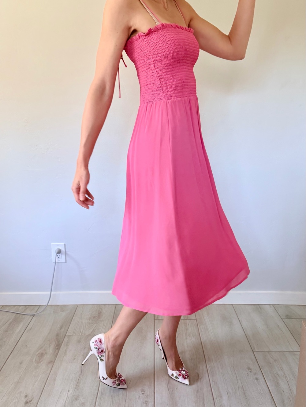 Reformation Pink Smocked Strap Midi Dress